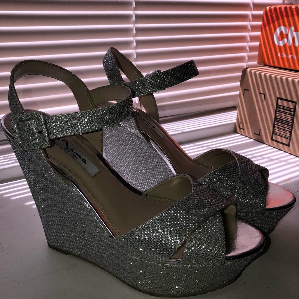 EUC Silver Sparkly Nina wedges - #fabulous
